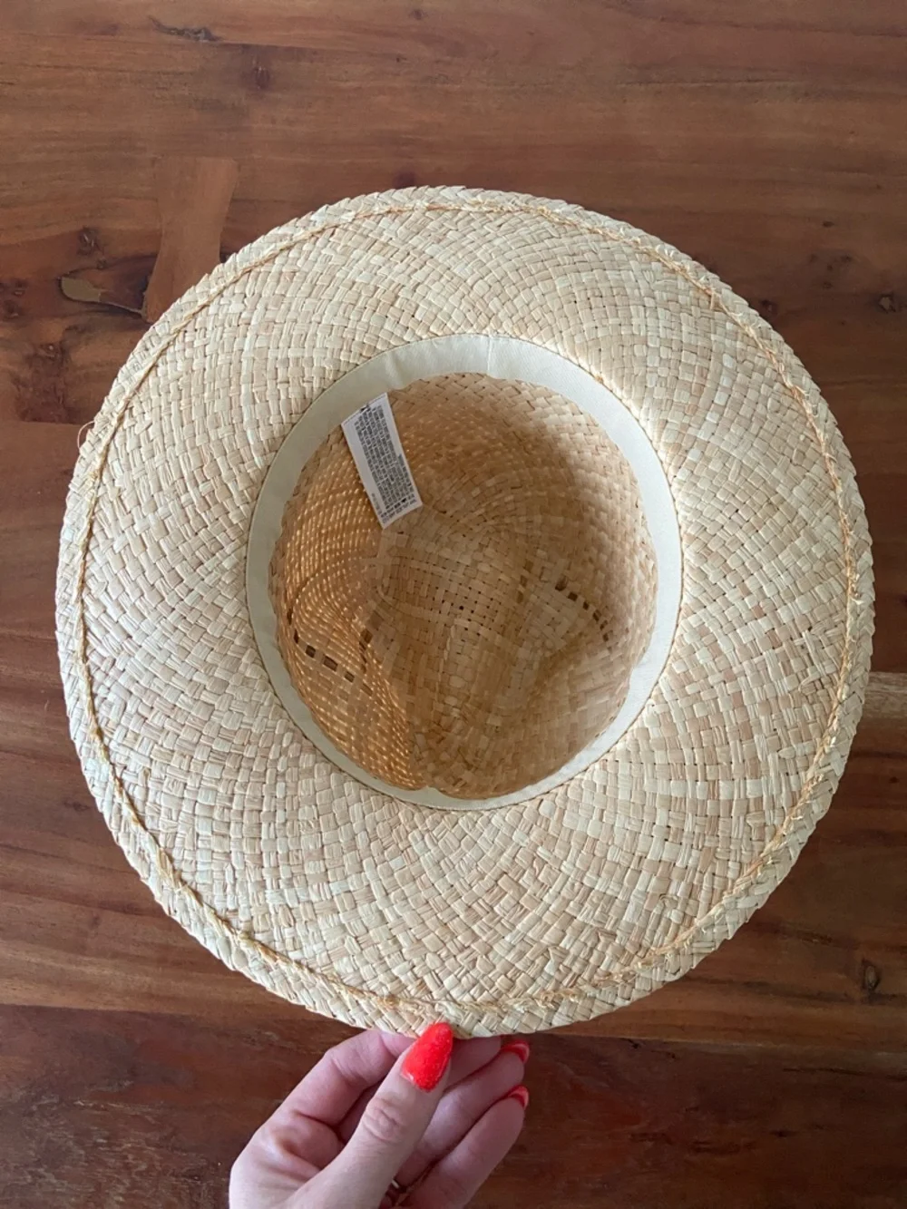 Forever 21 straw hat neutral tan woven summer hat with red ribbon band 57 cm M/L